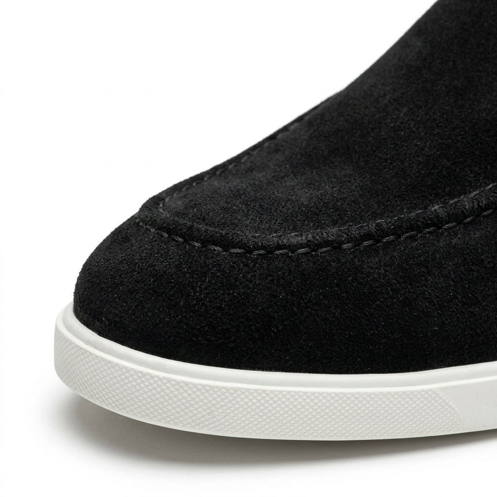 Men's Black Suede Loafers | White Rubber Sole