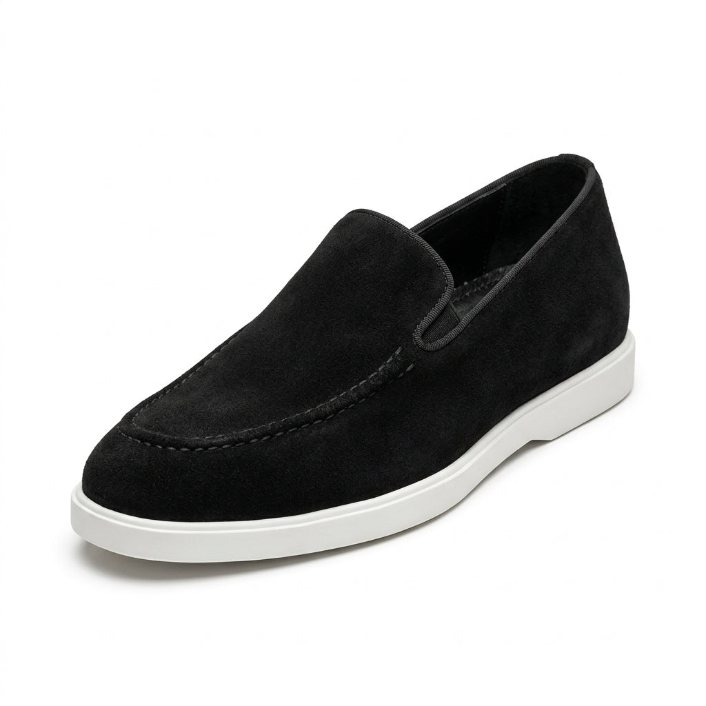 Men's Black Suede Loafers | White Rubber Sole