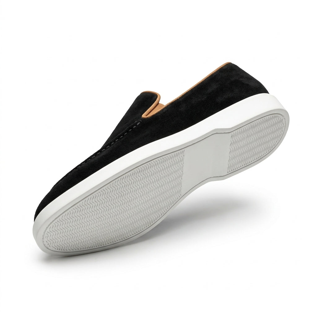Men's Black Suede Loafers | White Rubber Sole