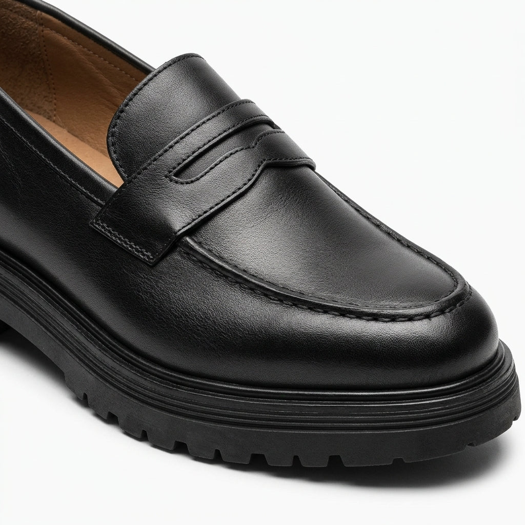 Black Leather Chunky Penny Loafers